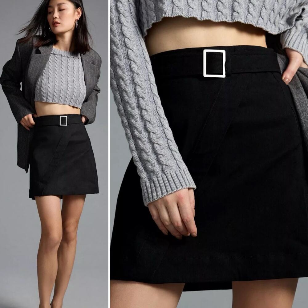 Anthropologie Maeve Size 8 Faux Wrap Mini Skirt Linen Blend Belted with‎ Buckle